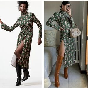 Zara Green Printed Slit Midi Night Out Dress Size Small